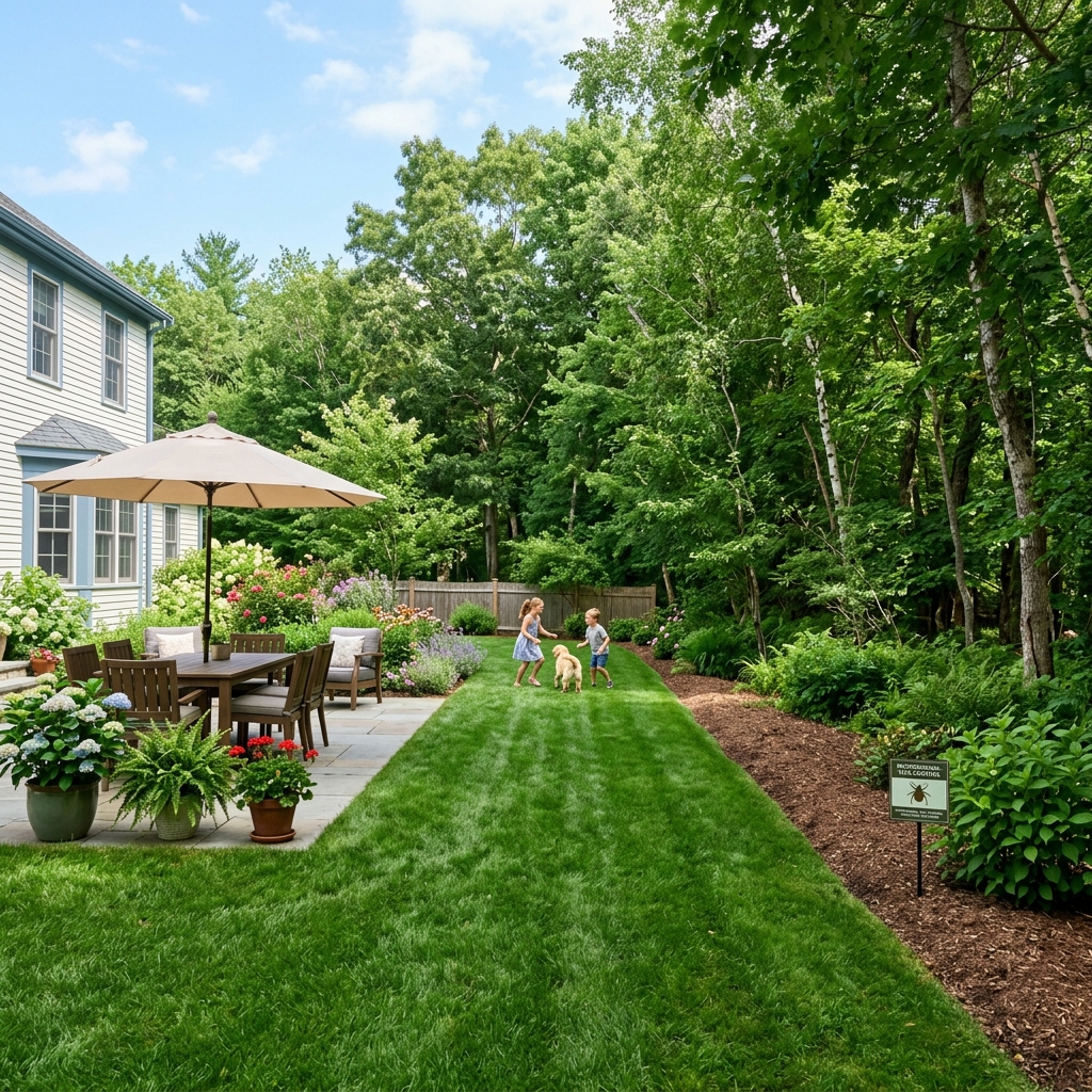A beautiful residential backyard bordering a dense wooded area