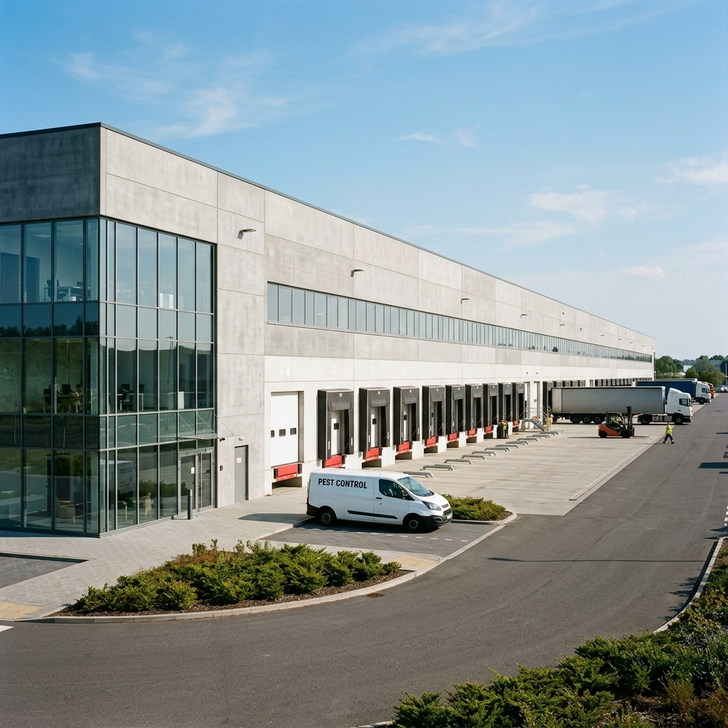 Commercial warehouse logistics exterior with pest control service van in Worcester County