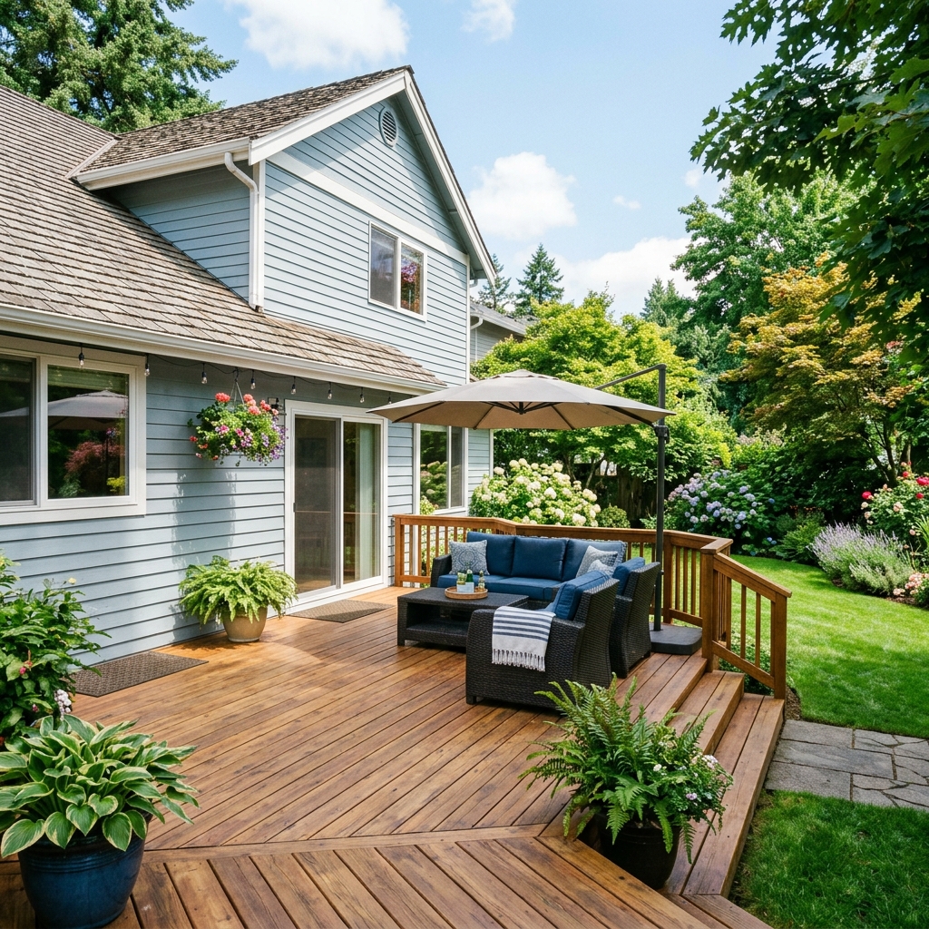 A beautiful residential home exterior focusing on a wooden outdoor deck in summer