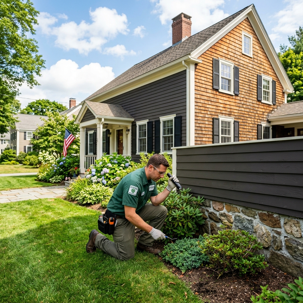 Pest control technician inspecting a home in Worcester County, MA